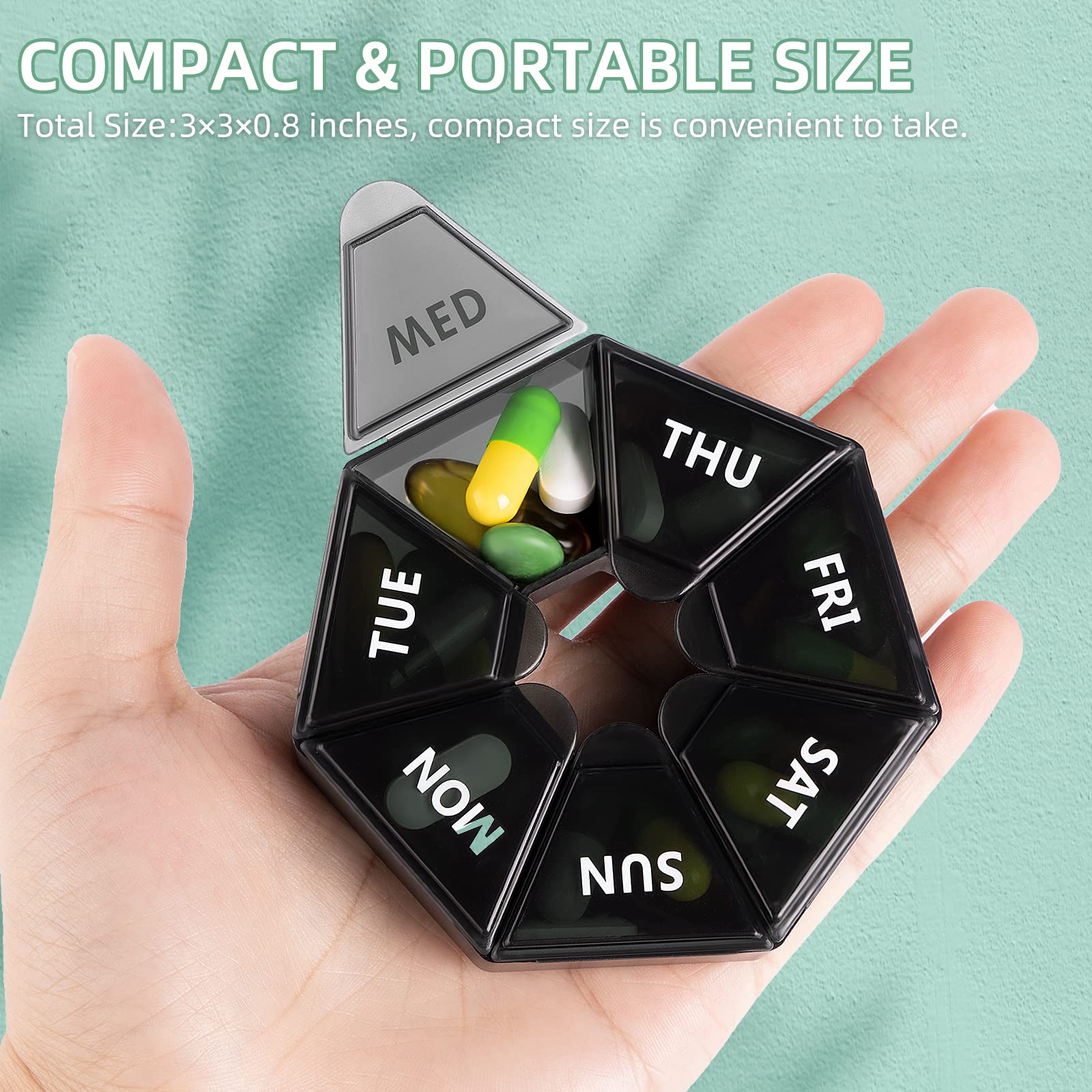Secure lid mechanism on circular seven day medicine holder preventing accidental openings