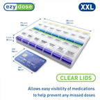 Ezy Dose 7-day medicine organizer with open push-button lids demonstrating easy access
