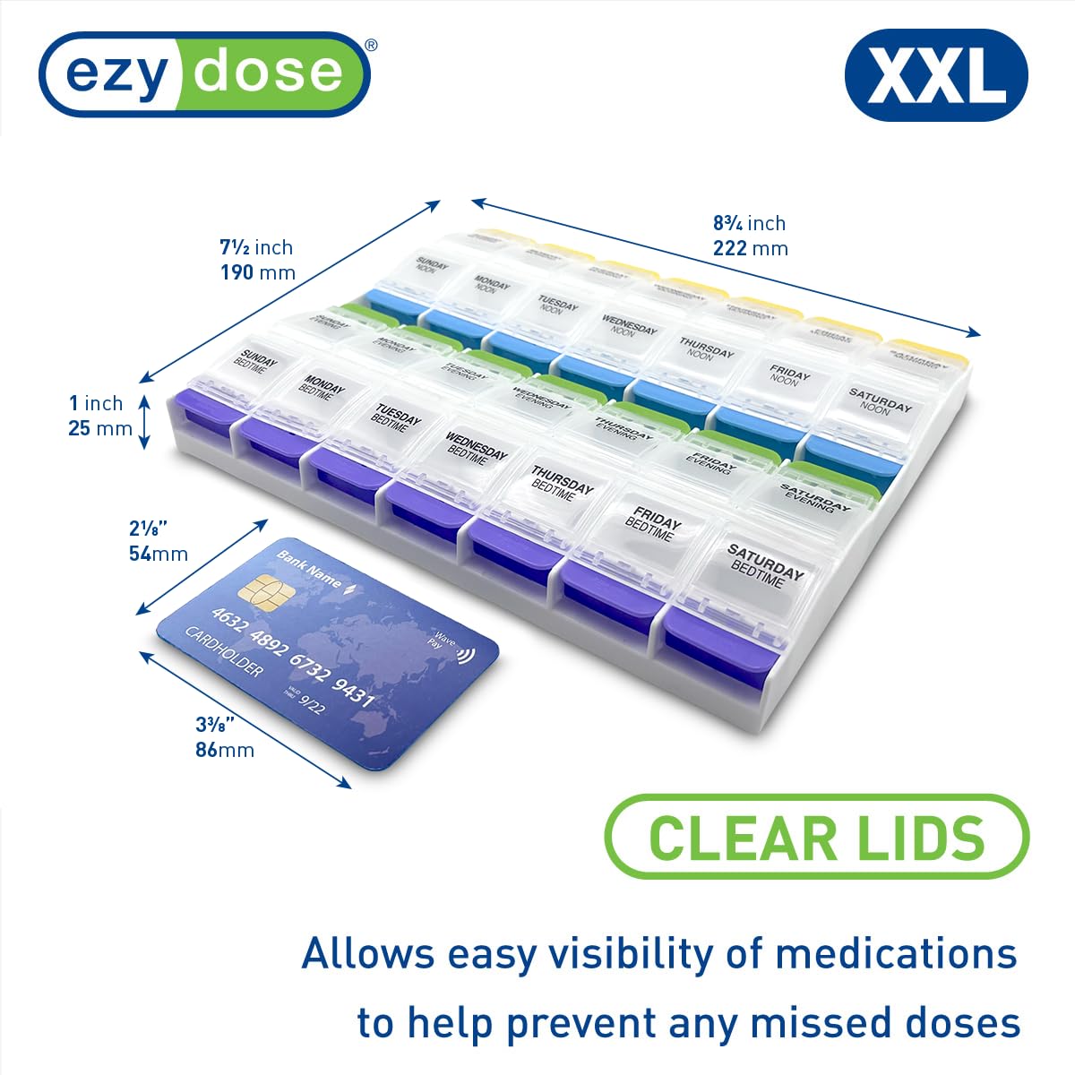 Ezy Dose 7-day medicine organizer with open push-button lids demonstrating easy access
