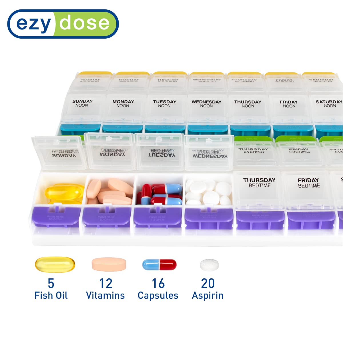 Ezy Dose 4 times a day vitamin container displaying morning noon evening and bedtime labels