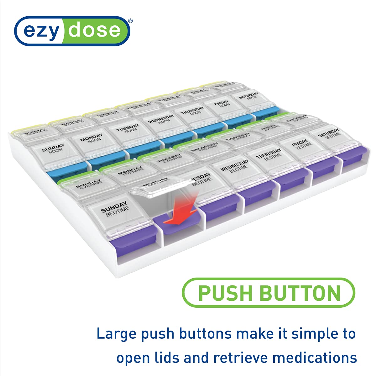 Ezy Dose 2X-Large weekly planner highlighting the non-skid base on a flat counter