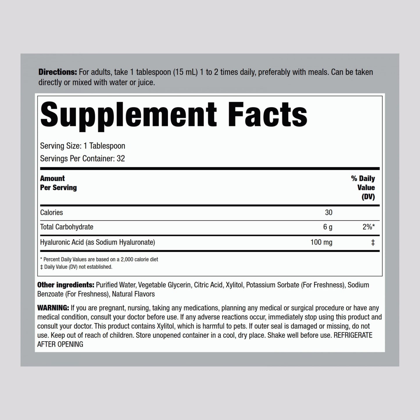 Piping Rock Liquid Hyaluronic Acid 100 Milligram vegetarian formula supplement facts label
