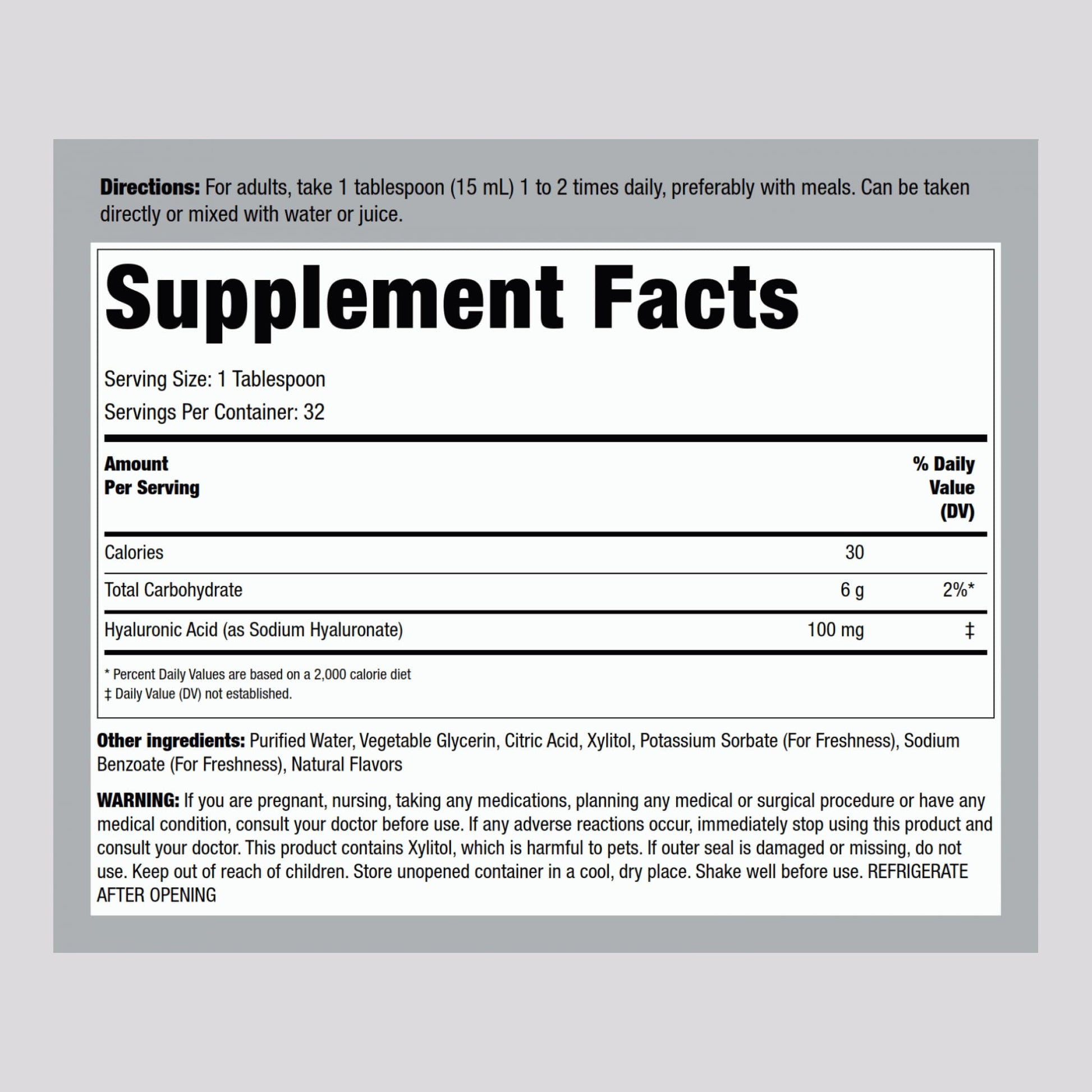 Piping Rock Liquid Hyaluronic Acid 100 Milligram vegetarian formula supplement facts label