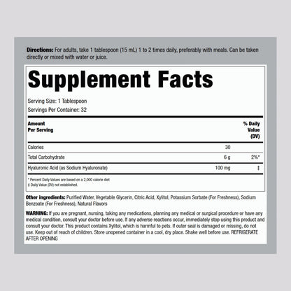 Piping Rock Liquid Hyaluronic Acid 100 Milligram vegetarian formula supplement facts label