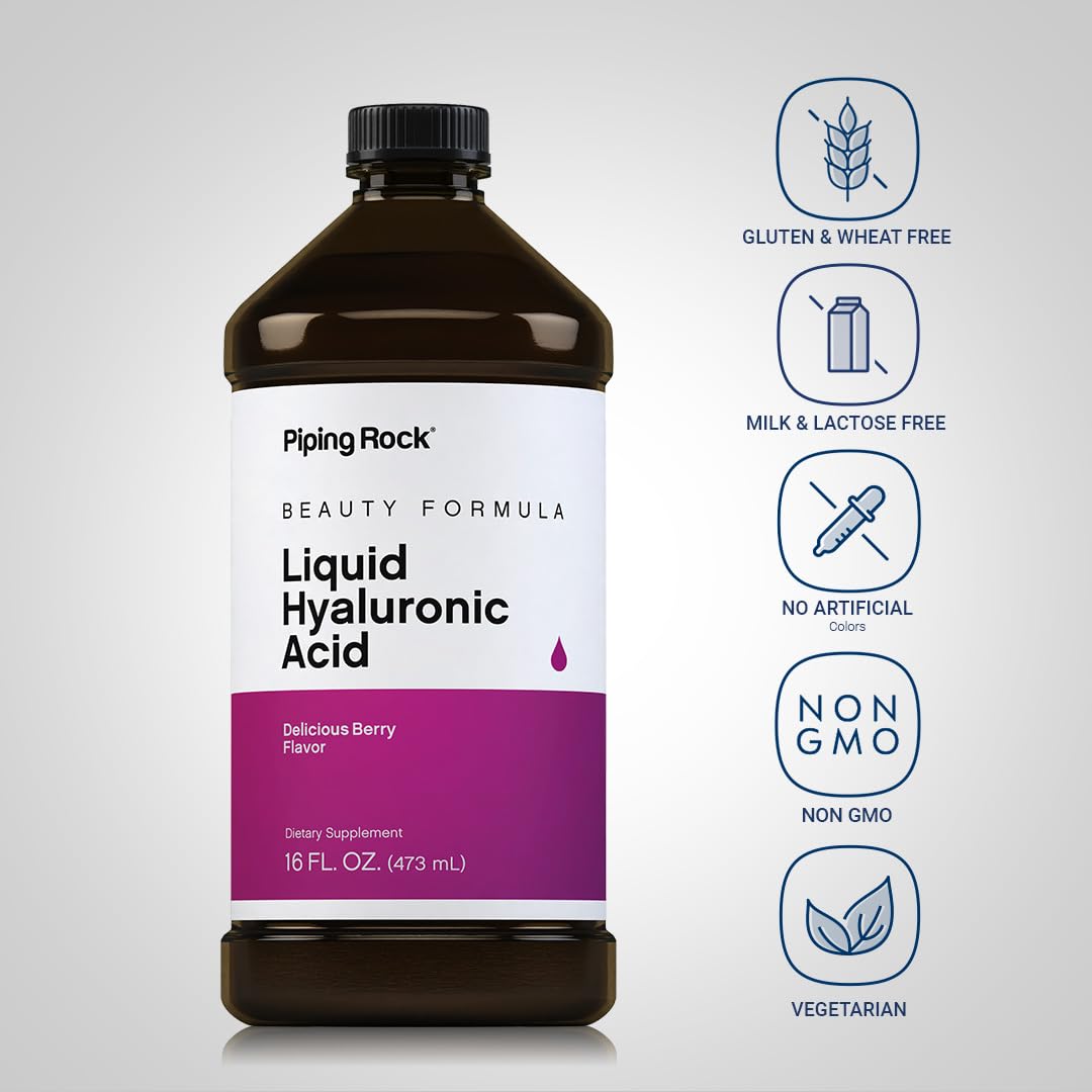 Piping Rock Liquid Hyaluronic Acid natural berry flavor pouring from bottle