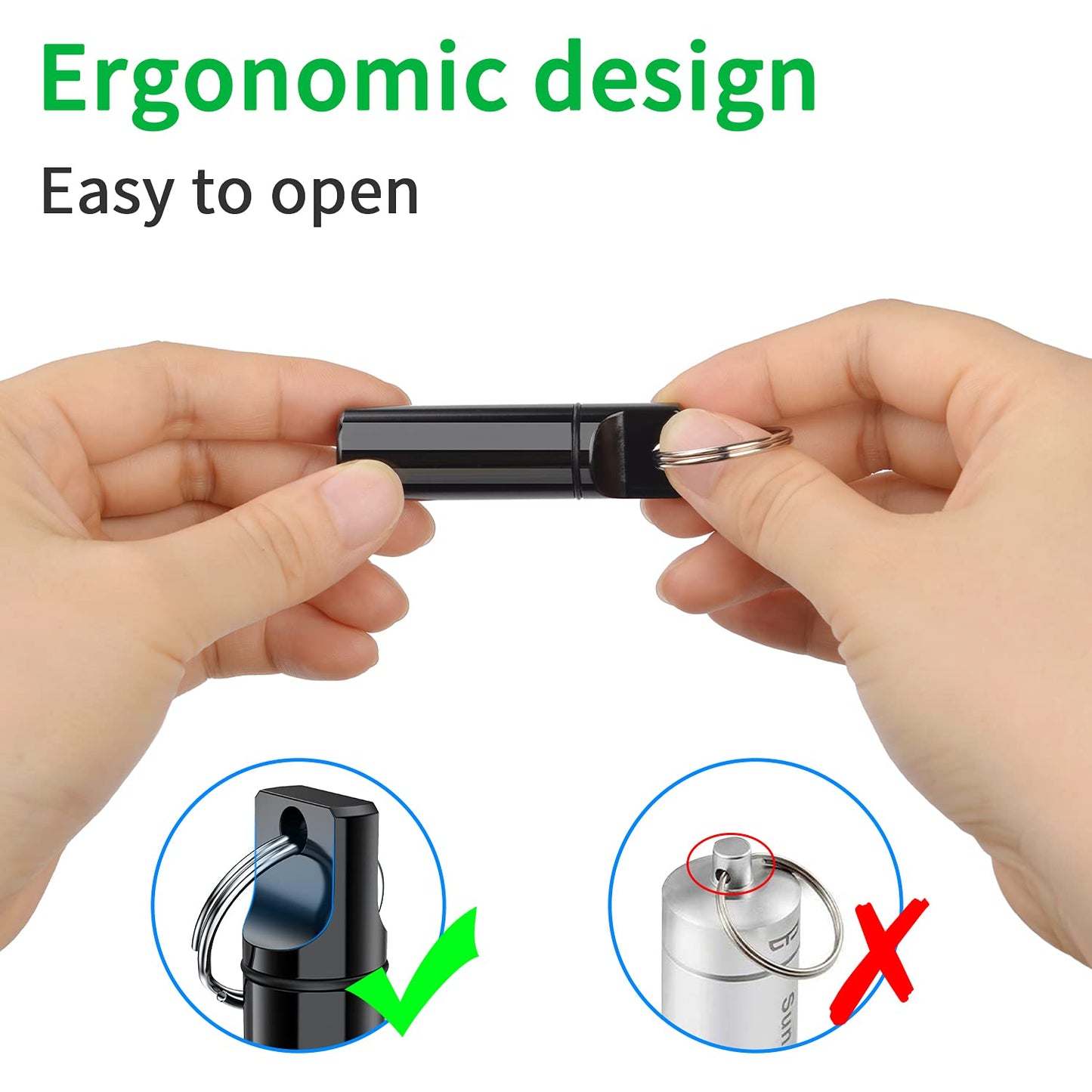 Airtight metal pill bottle keychain being opened to show the interior storage compartment for tablets.