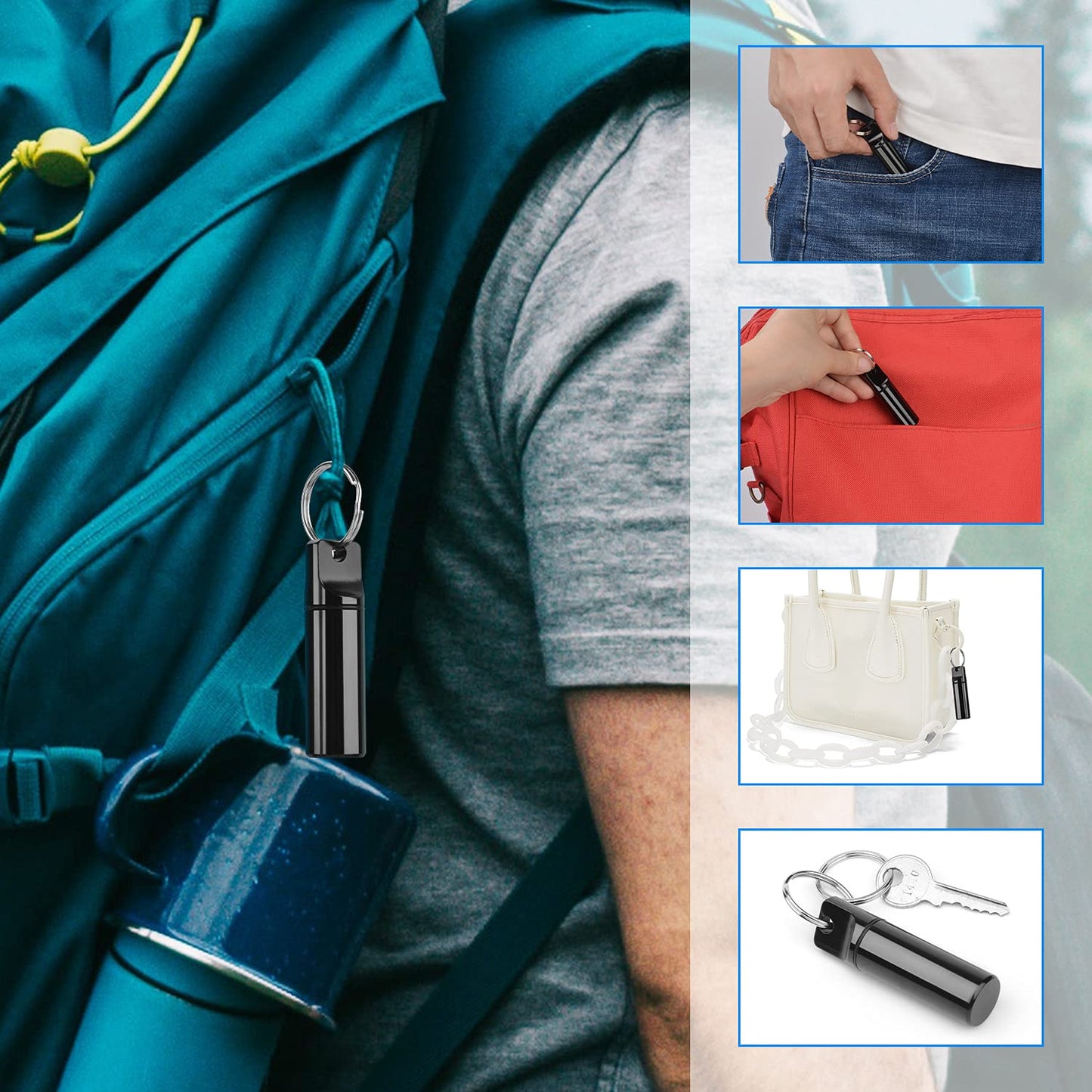 TecQach outdoor camping medicine container set displaying its compact size against everyday carry items.