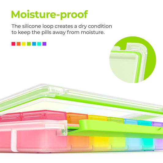 AUVON seven day medicine case showing four times a day compartments with morning noon evening bedtime labels