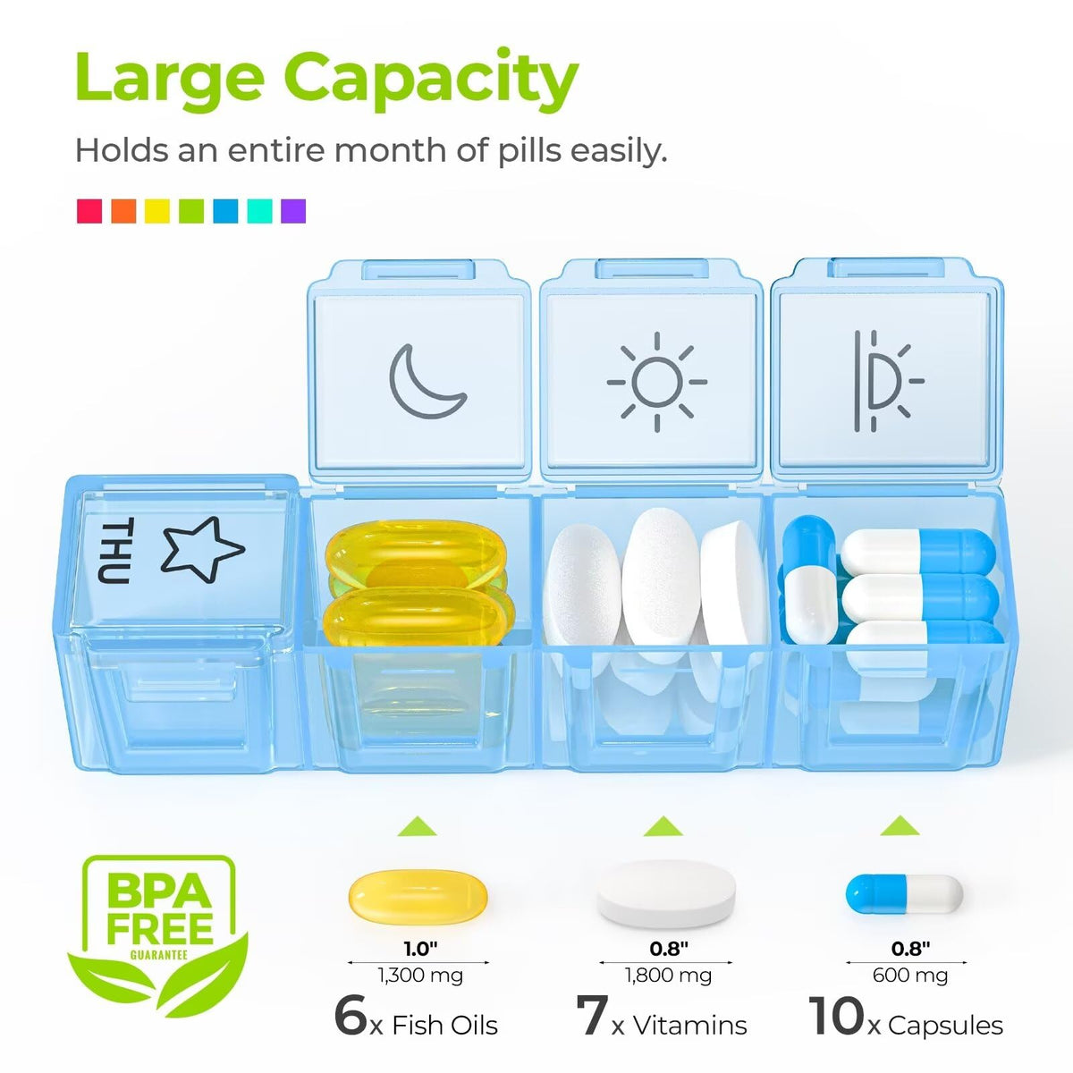 AUVON moisture proof travel pill container with outer protective box open displaying twenty eight slots