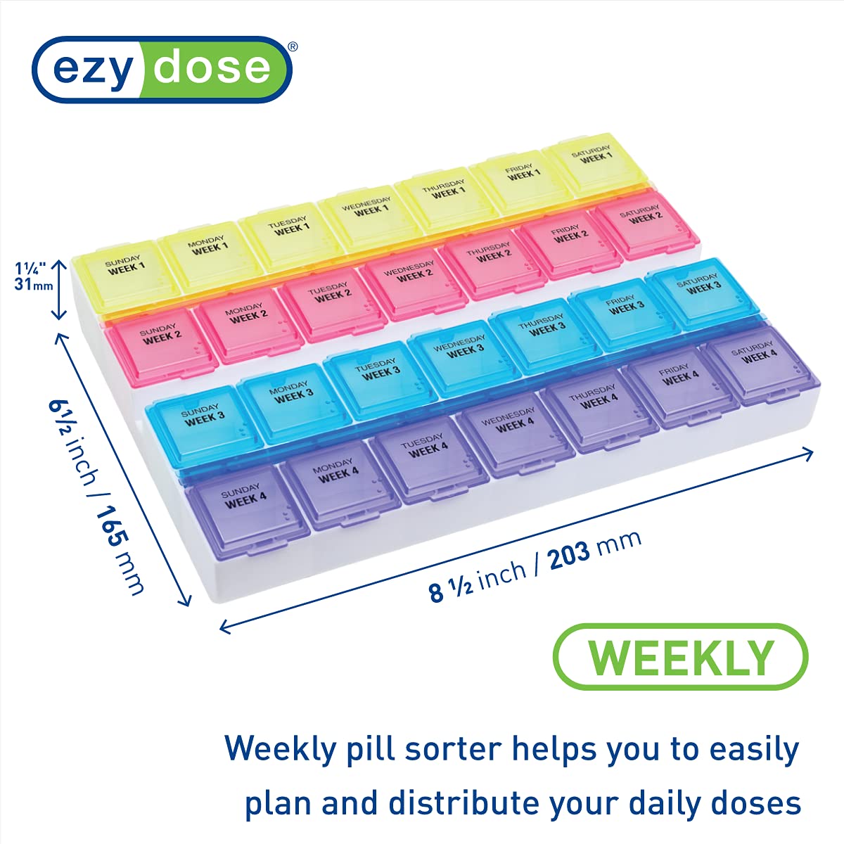 Close-up view of the contoured compartments on the EZY DOSE medicine planner for easy pill retrieval.