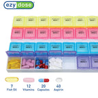 Side profile of the EZY DOSE 28-day vitamin container highlighting the secure snap-shut lids.