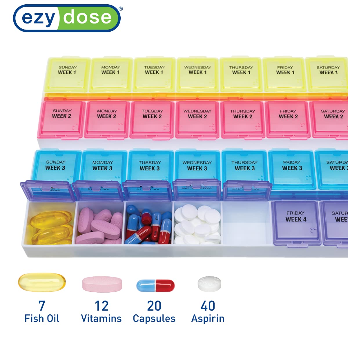 Side profile of the EZY DOSE 28-day vitamin container highlighting the secure snap-shut lids.
