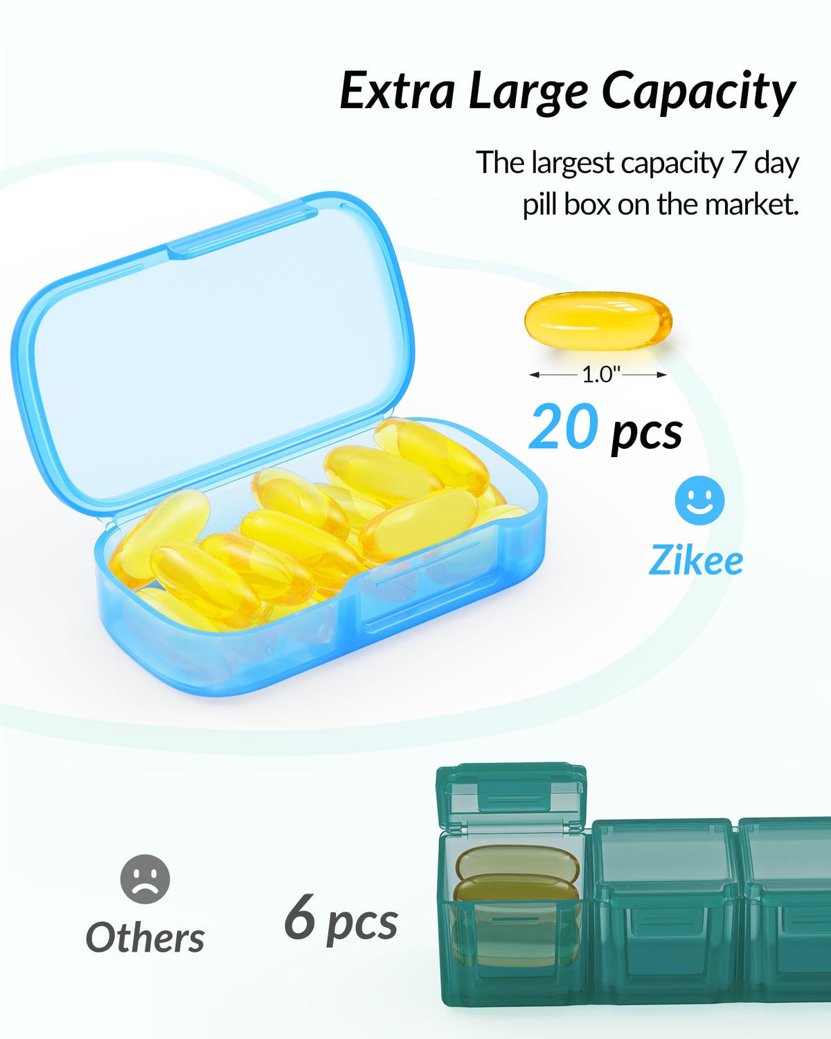 ZIKEE 7 day portable medicine box with one individual rainbow pod removed showing expanded storage capacity for fish oils