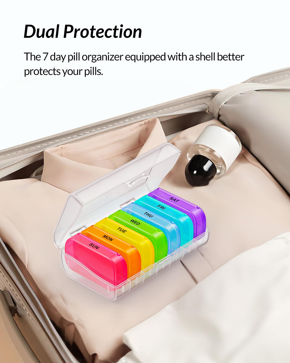 Close up view of the ergonomic wider lids on the ZIKEE extra large daily pill container for easy opening access