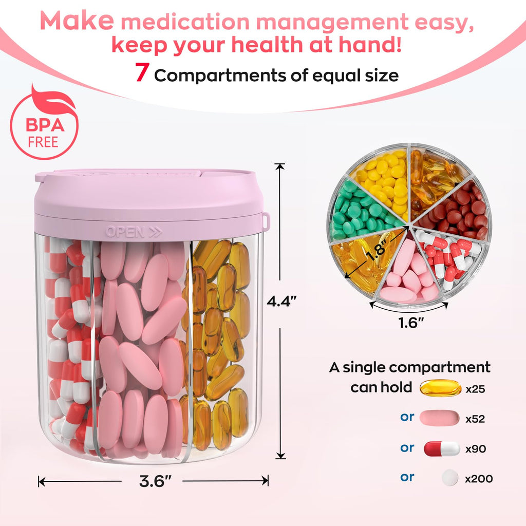 Hionxmga portable pink pill container showing internal sections and rotating lid mechanism