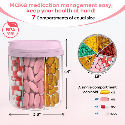 Hionxmga portable pink pill container showing internal sections and rotating lid mechanism