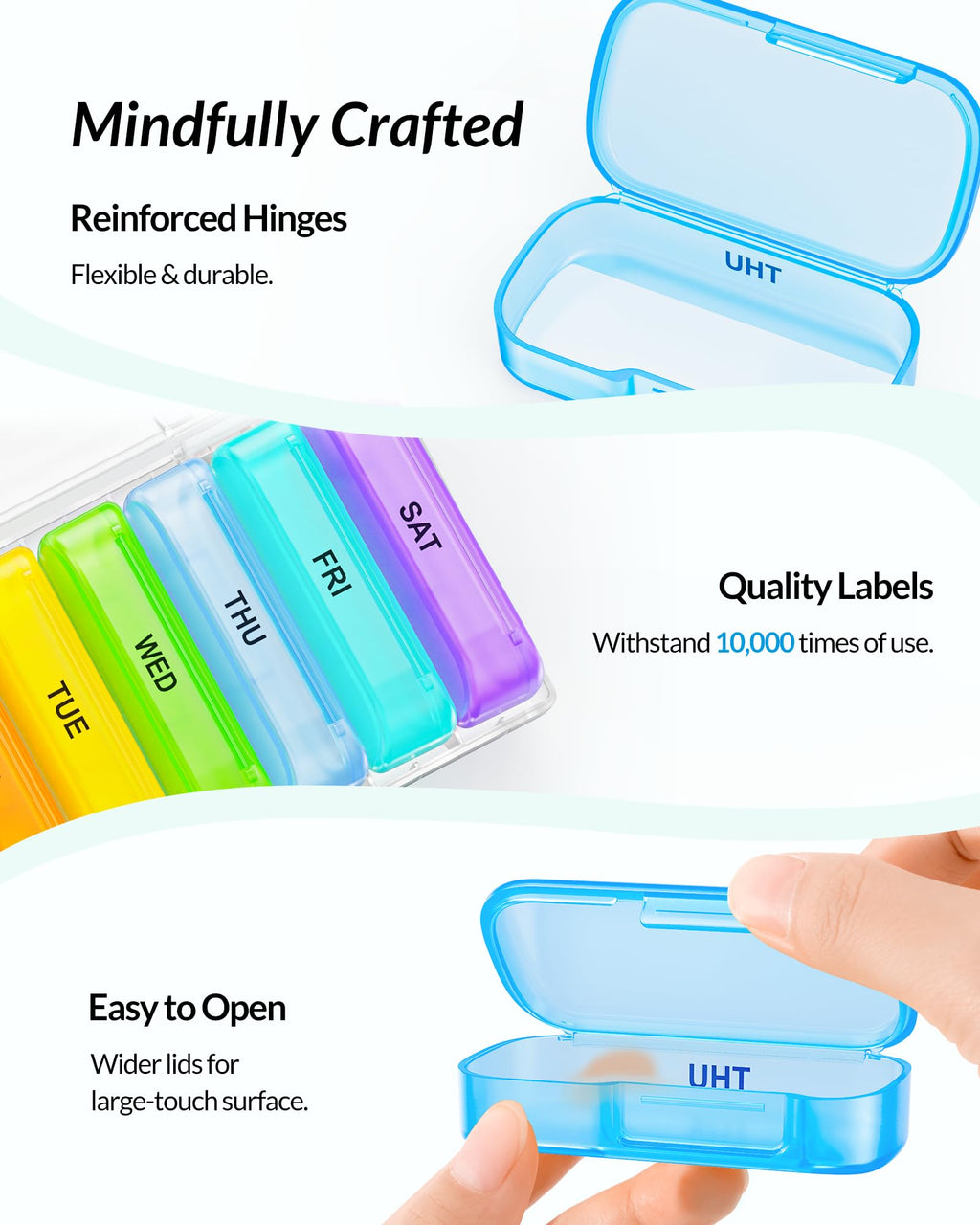 ZIKEE 7 packs travel medication organizer demonstrating portability by fitting easily into a standard pocket or purse