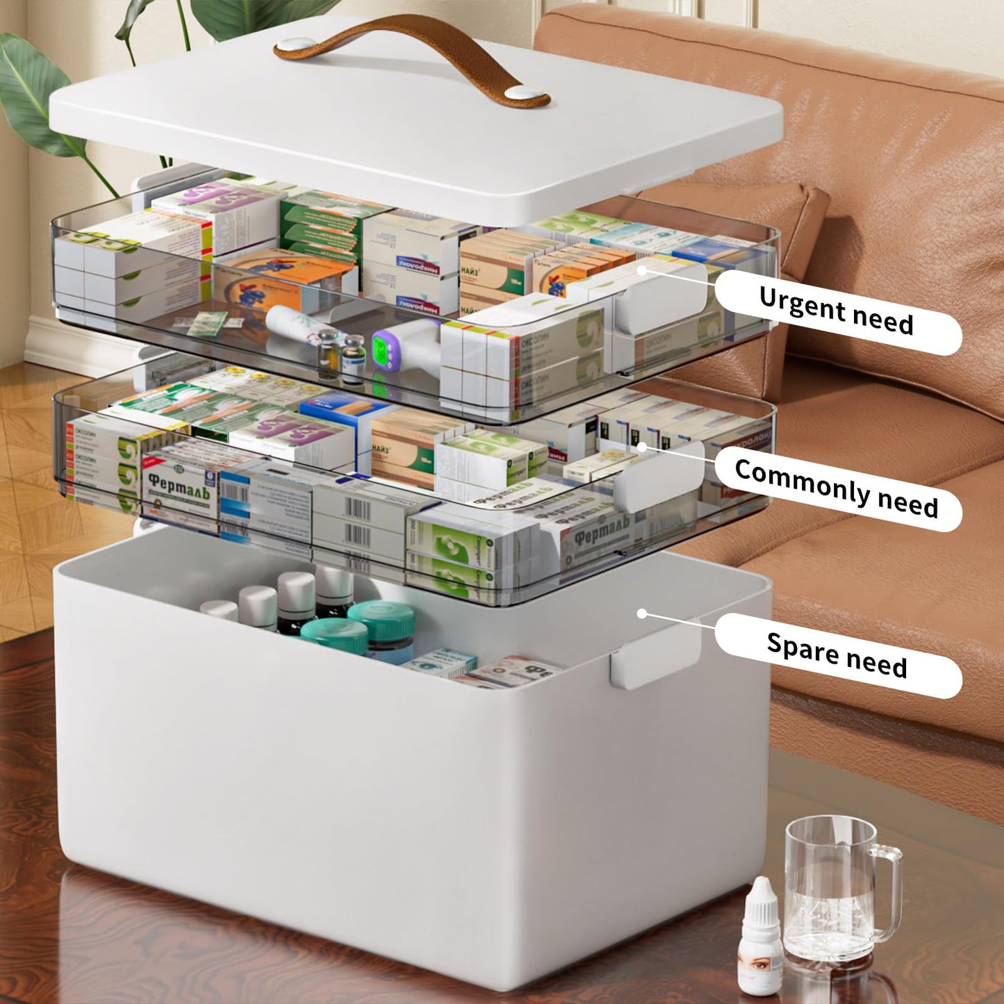 CTIME portable first aid box unfolded displaying the triple layer storage compartments loaded with medical bottles.