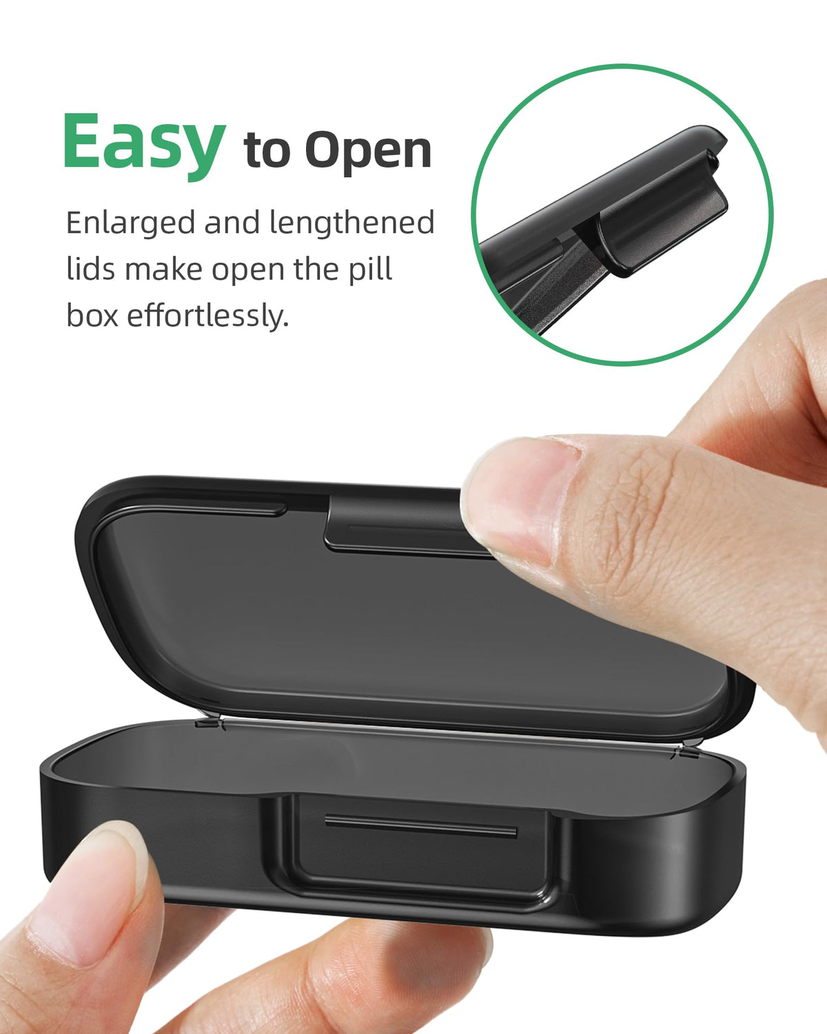 PULIV black pill container showing durable reinforced hinges after opening