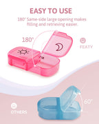 FEATY 7 day morning PM pill box displaying the unique same side one hundred eighty degree wide opening.