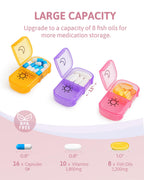 FEATY travel medicine case showing large compartments filled with fish oils and vitamin capsules.
