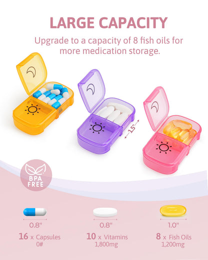 FEATY travel medicine case showing large compartments filled with fish oils and vitamin capsules.