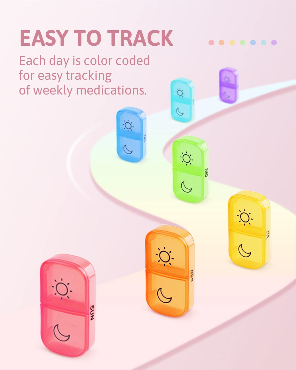 Side profile of FEATY two times a day medication organizer highlighting the secure locking lids.