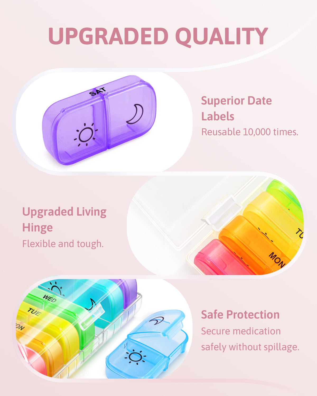 Individual daily color coded capsule container removed from the main clear storage box.