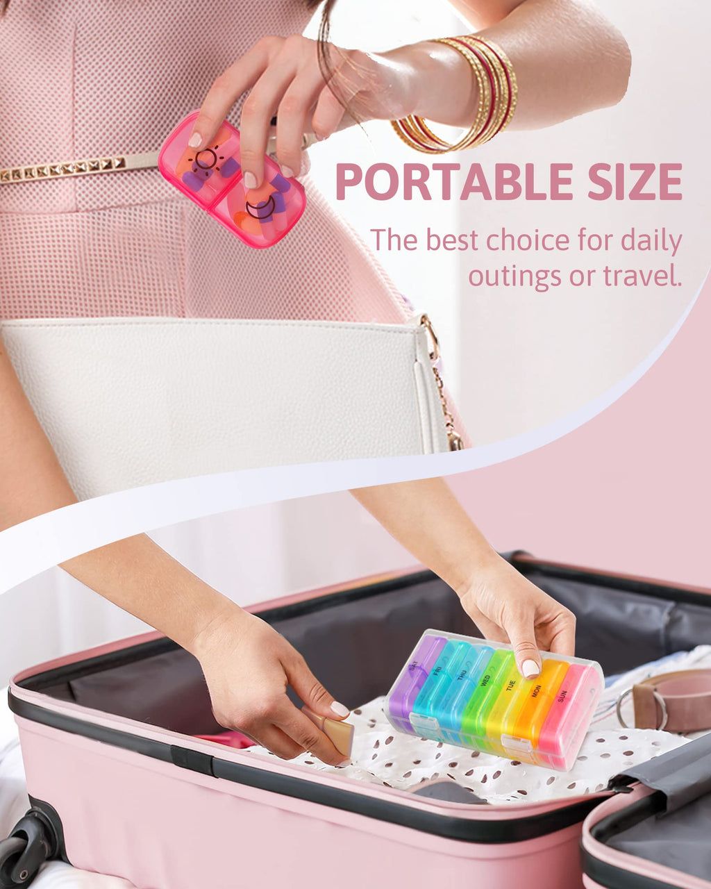 FEATY daily vitamin planner held in hand to demonstrate its portable size for travel use.