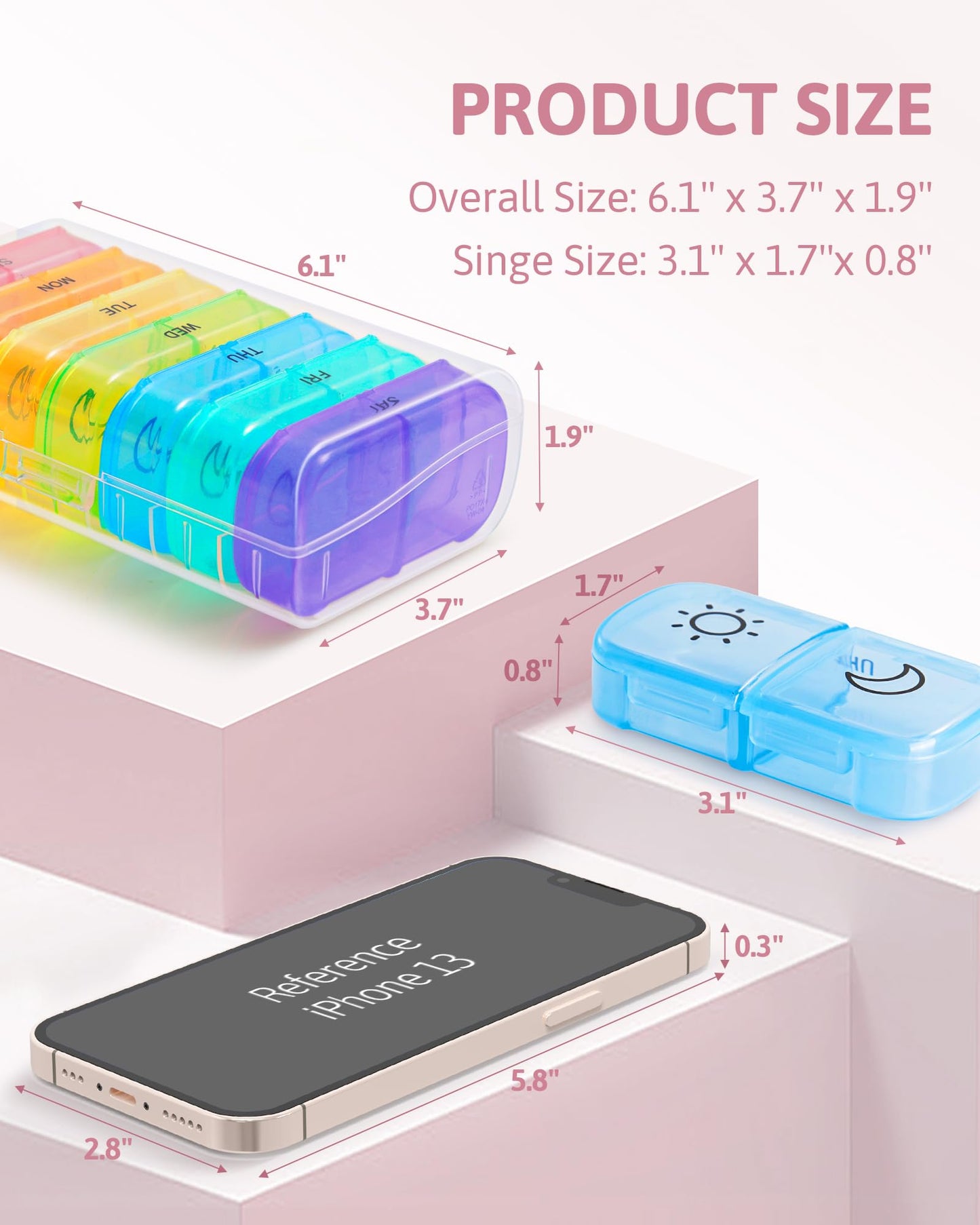 Close up view of the durable morning and evening labels on the BPA free plastic compartments.