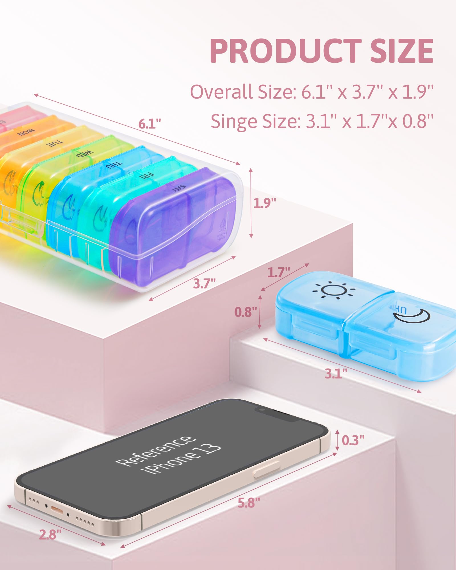 Close up view of the durable morning and evening labels on the BPA free plastic compartments.