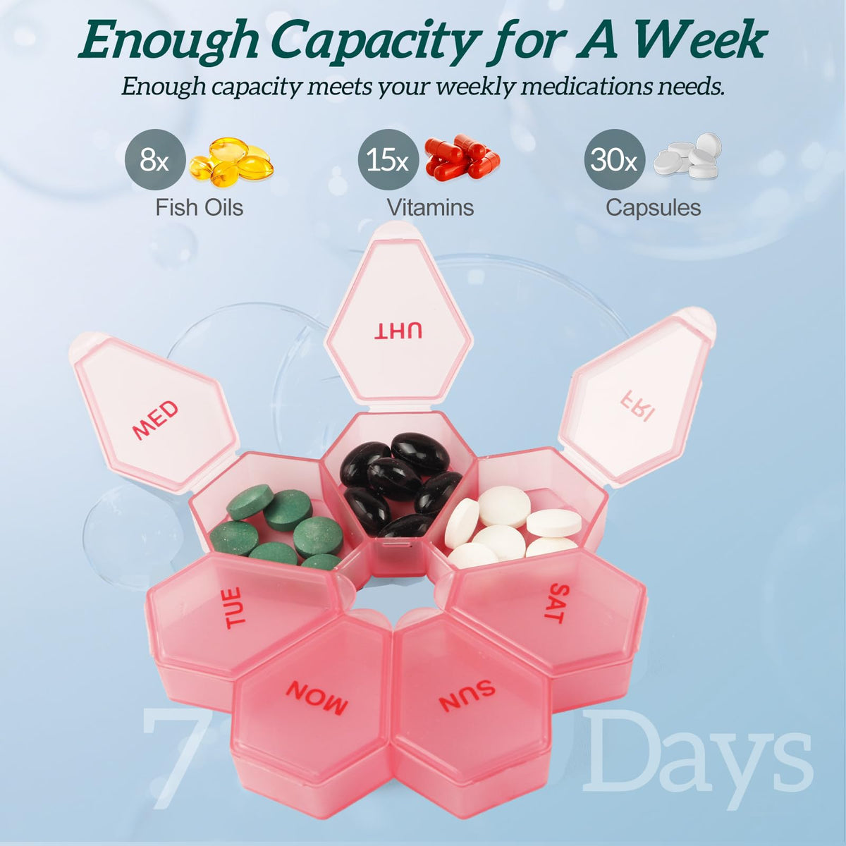 Zuiaso daily vitamin case open compartment showing the secure snap-close lid feature