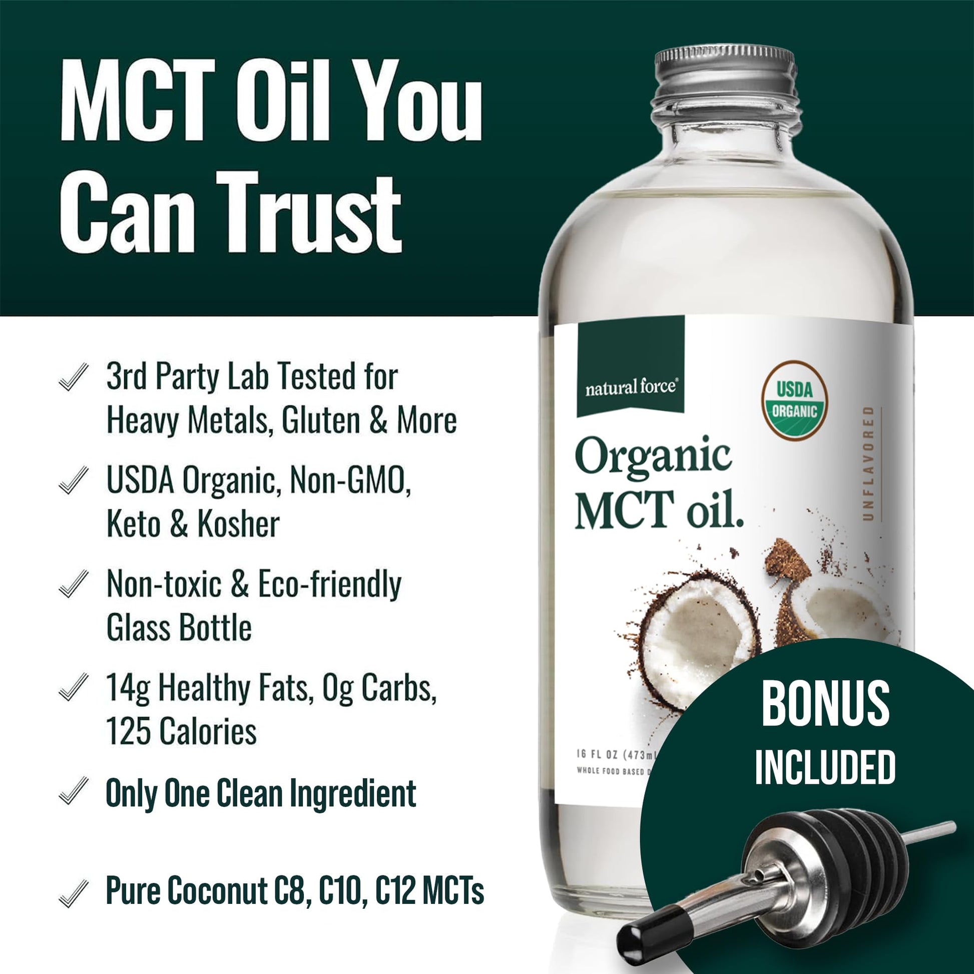 Natural Force Organic MCT Oil label showing USDA Organic certification