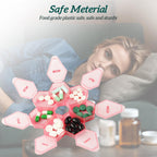 Zuiaso portable travel pill container in pinkish-red next to a travel bag for smart health organization