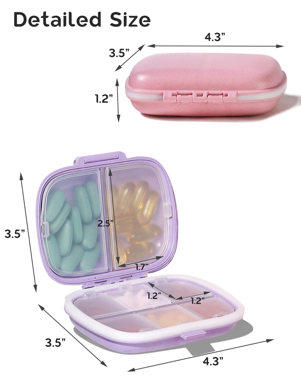 Meacolia portable small pill box open view displaying eight internal compartments for vitamin storage