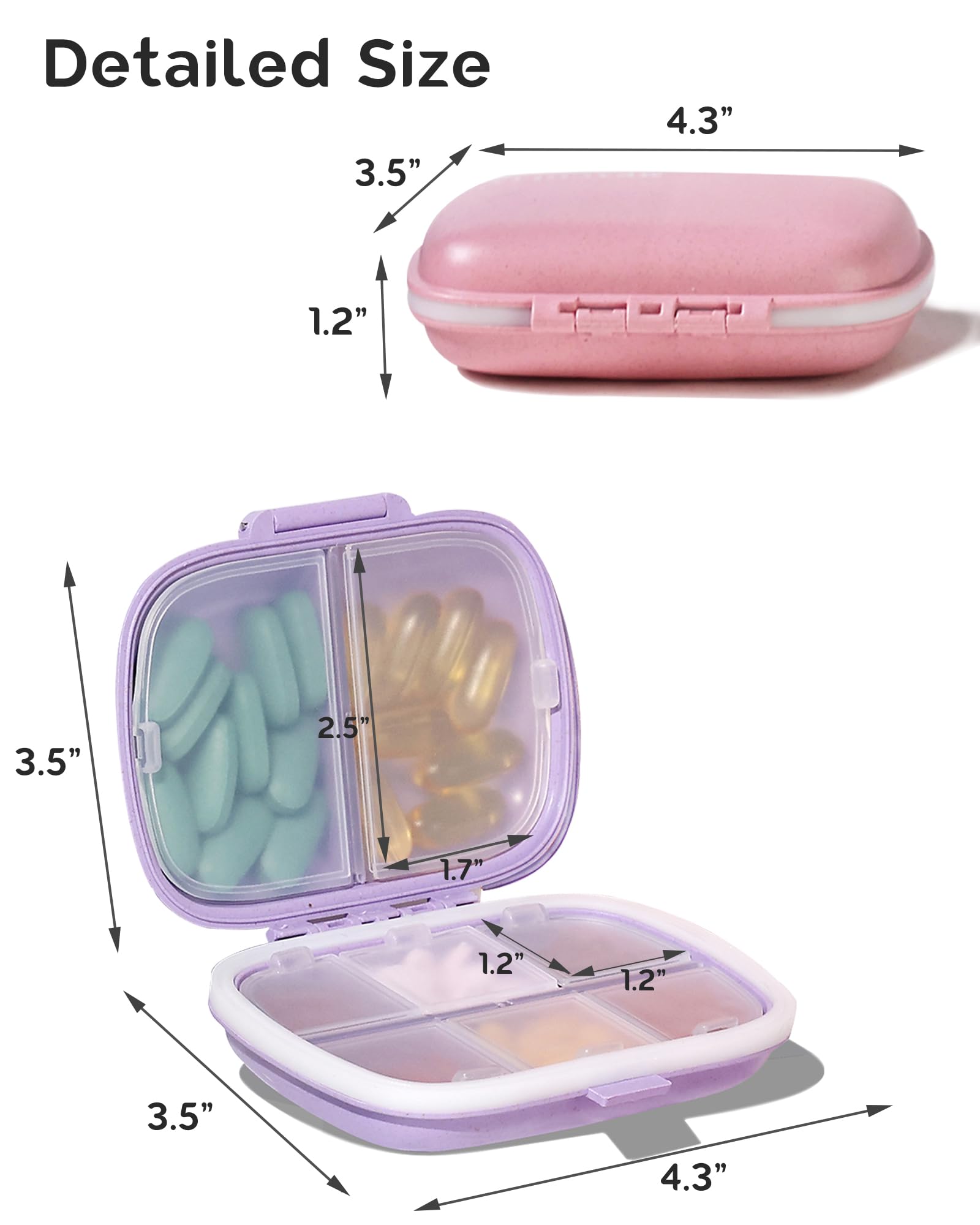 Meacolia portable small pill box open view displaying eight internal compartments for vitamin storage