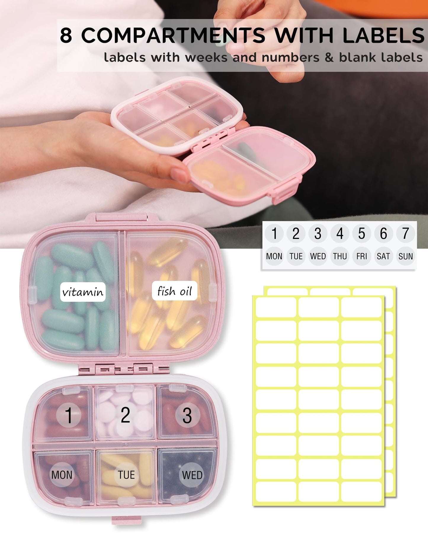 Close up view of Meacolia daily pill case showing six small compartments and two large vitamin sections