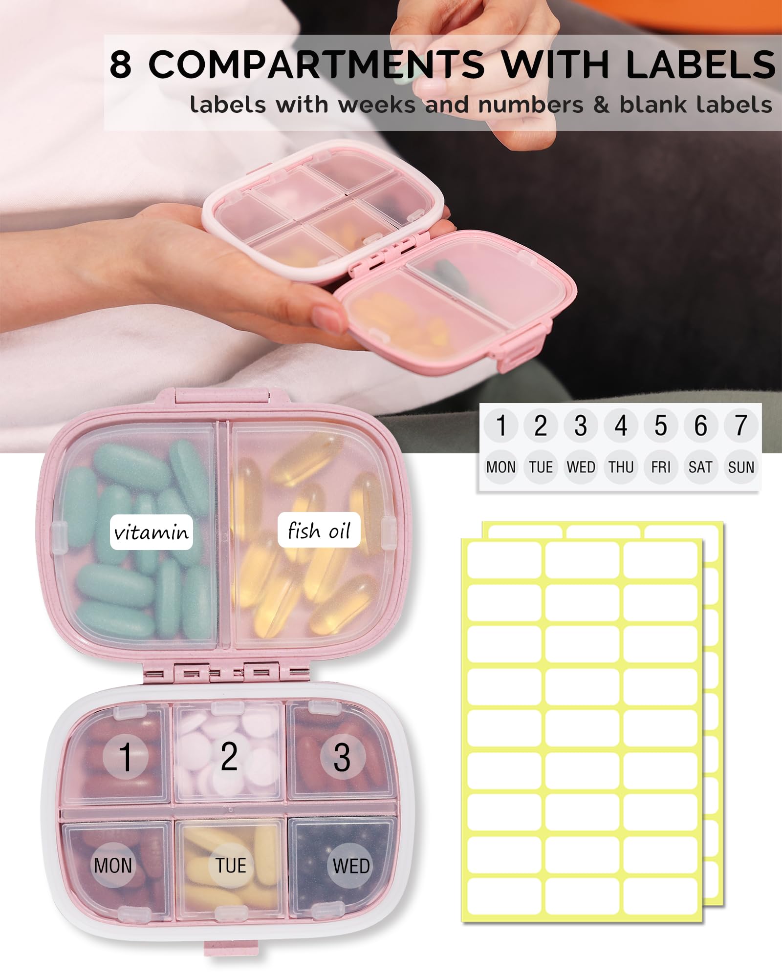 Close up view of Meacolia daily pill case showing six small compartments and two large vitamin sections