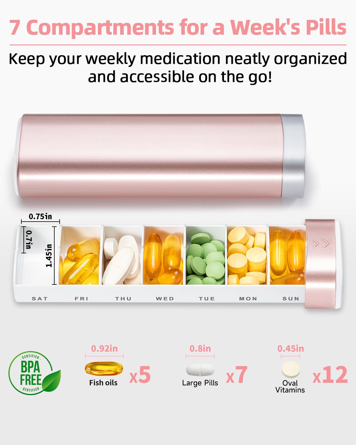 Betife slide out drawer pill case showing seven individual daily medicine compartments