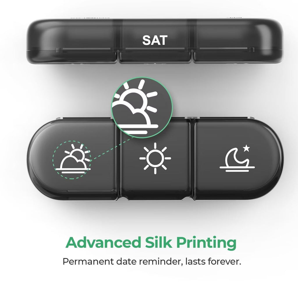 Durable seven day daily pill holder with upgraded long lasting date reminder printing.