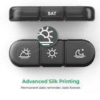 Durable seven day daily pill holder with upgraded long lasting date reminder printing.