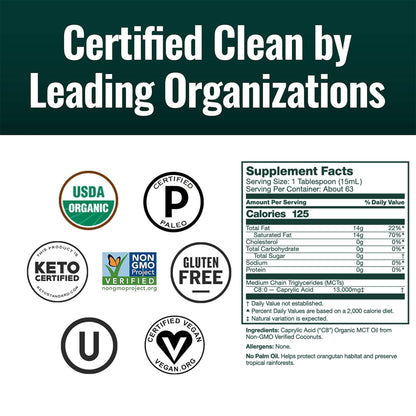 Natural Force C8 MCT Oil nutritional label and certifications