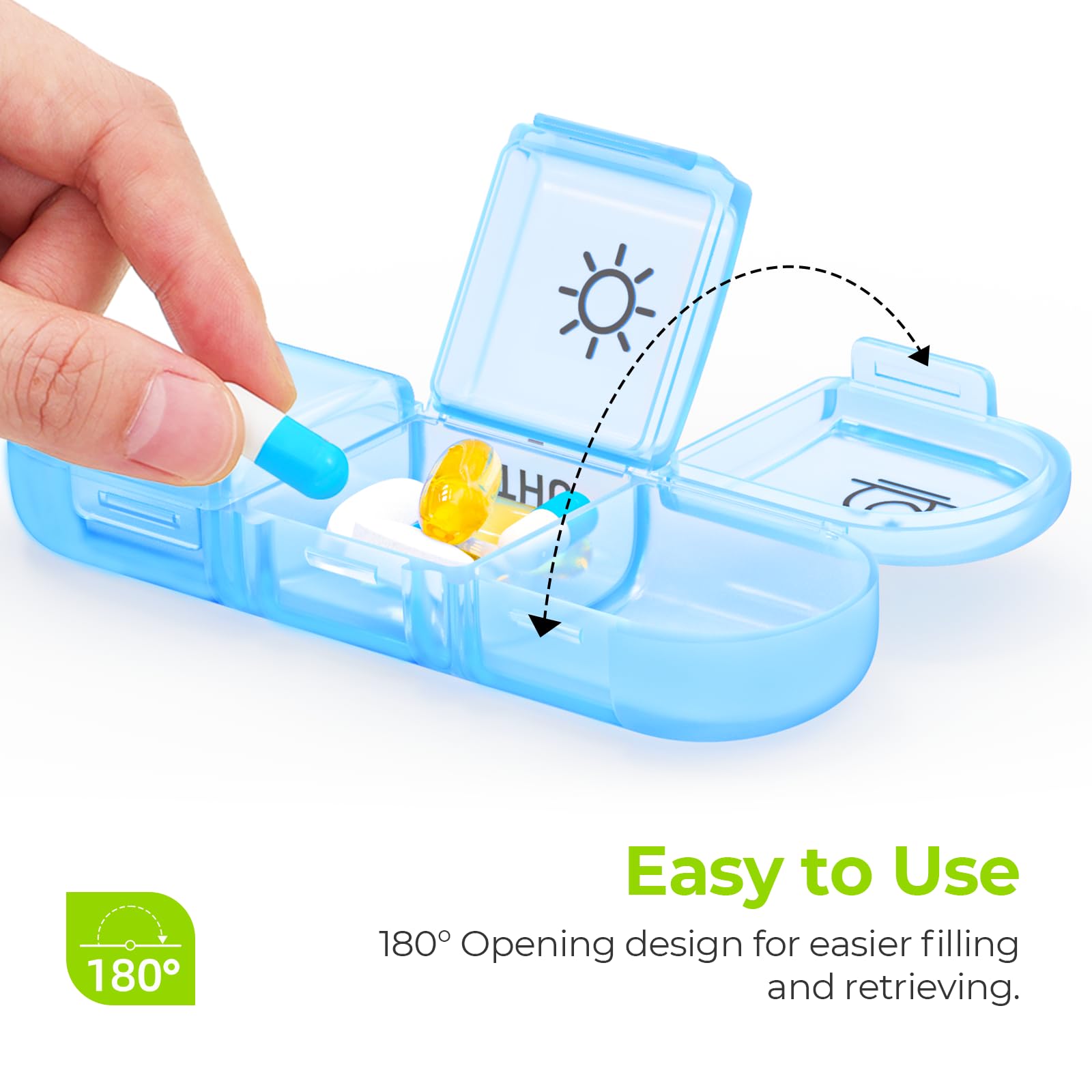 AUVON seven day portable medication case open displaying three times a day dividers.