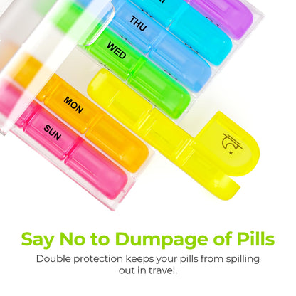 AUVON large capacity supplement holder filled with fish oil capsules and tablets.