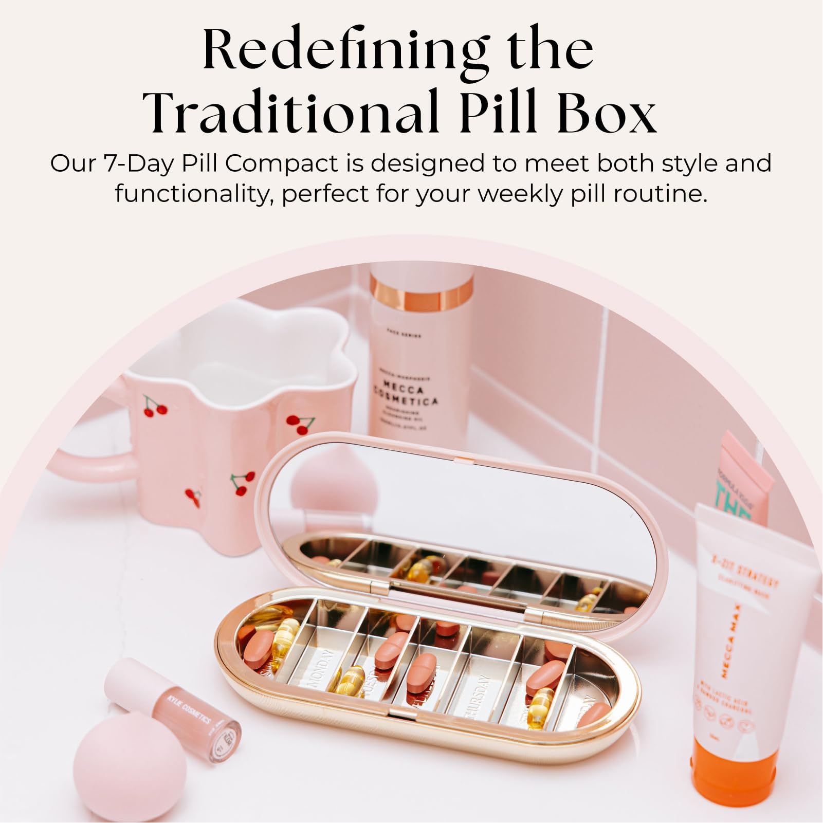 Dosey weekly medication dispenser open view showing gold compartments and built in mirror