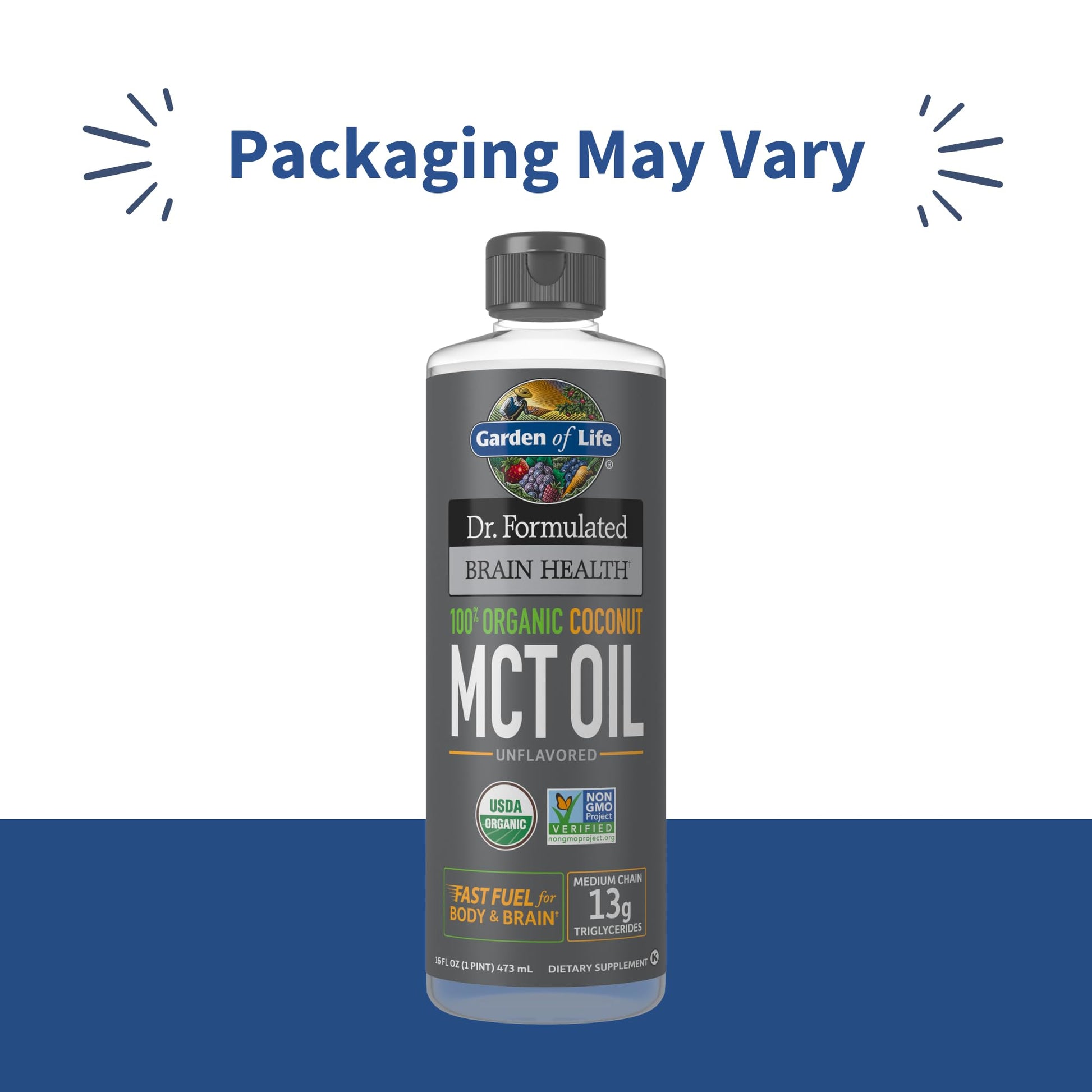 Garden of Life unflavored brain health MCT oil nutritional facts label view showing organic ingredients