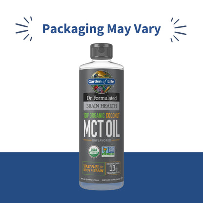 Garden of Life unflavored brain health MCT oil nutritional facts label view showing organic ingredients