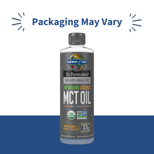 Garden of Life unflavored brain health MCT oil nutritional facts label view showing organic ingredients