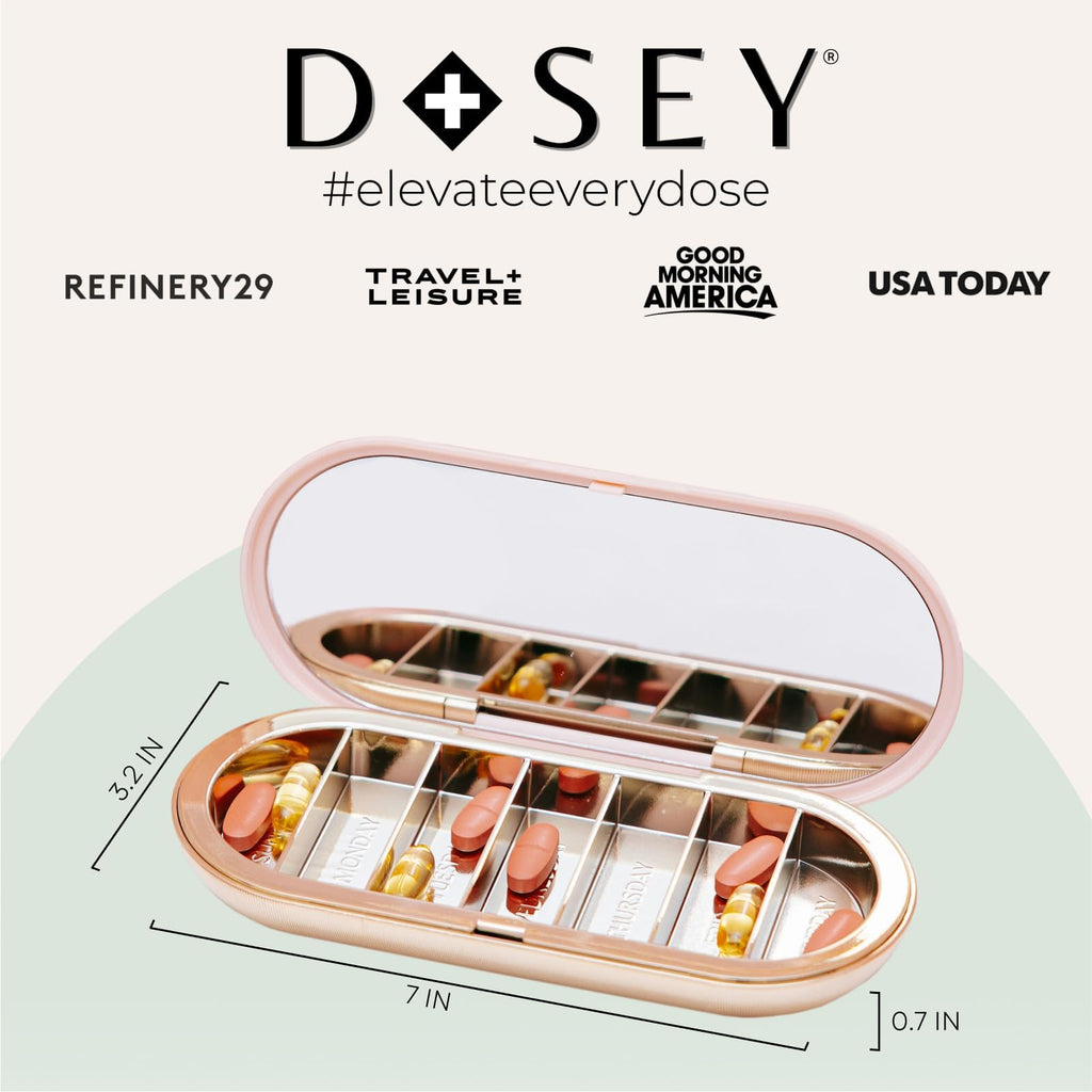 Dosey art deco inspired weekly pill organizer lifestyle shot showcasing sleek aesthetic