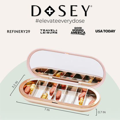 Dosey art deco inspired weekly pill organizer lifestyle shot showcasing sleek aesthetic